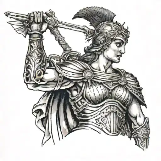 Black And White Tattoo On The Left Shoulder Depicting The Goddess Of War Of Athens
