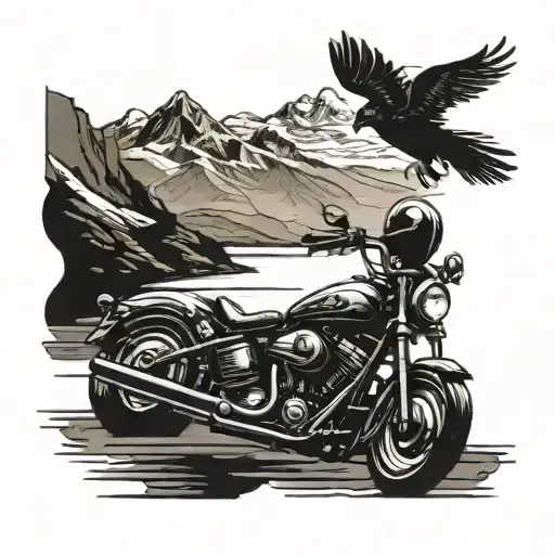 A Sleek Bobber Motorcycle Cruising Through A Mountainous Landscape With A Crow Flying Overhead