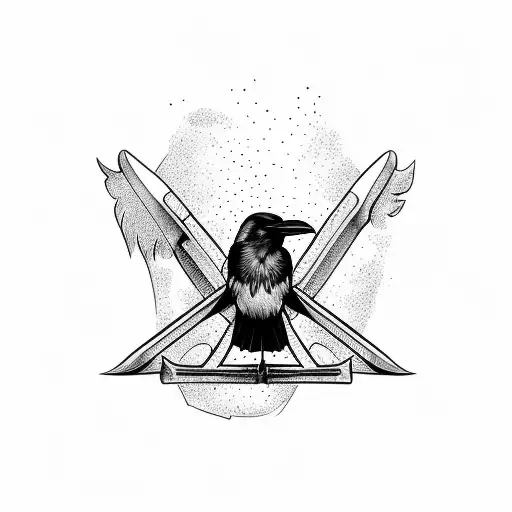 Raven Standing On A The Handle Of An Axe