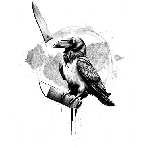 Realistic Raven Standing On A The Handle Of An Axe