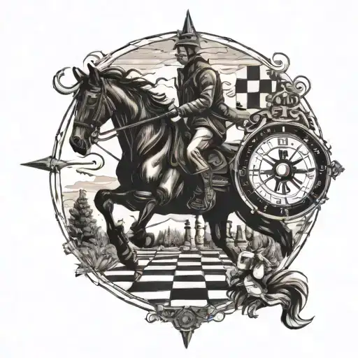 Chess Borad And Compass Rouse And Figure Horse Galloping Through A Field