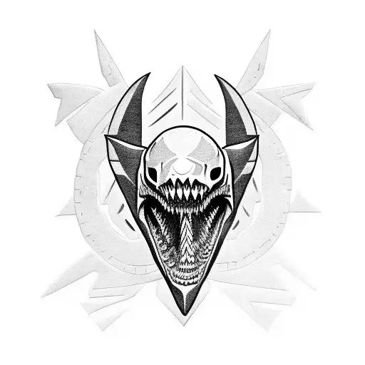 Tzompantli-inspired Shark Skull Surrounded By Blackwork Patterns