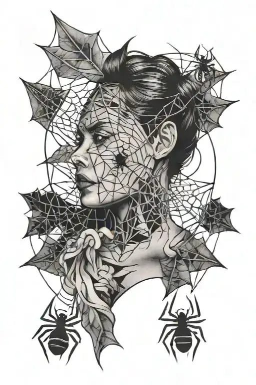 Dark Tattoo With A Woman And Spider Webs Wrapping