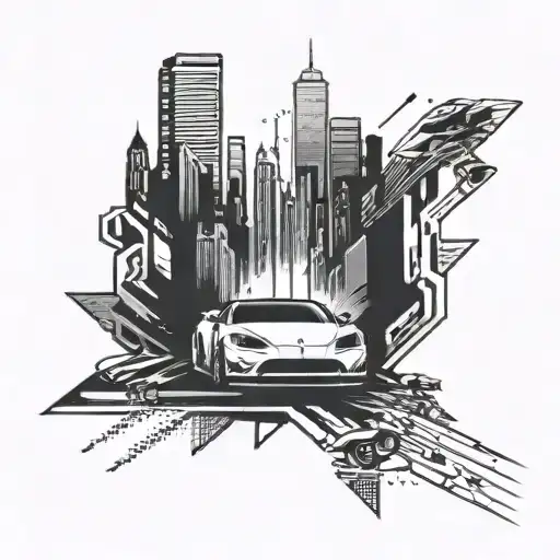 Incorporate A Sleek Sports Car Racing Through A Futuristic Cityscape