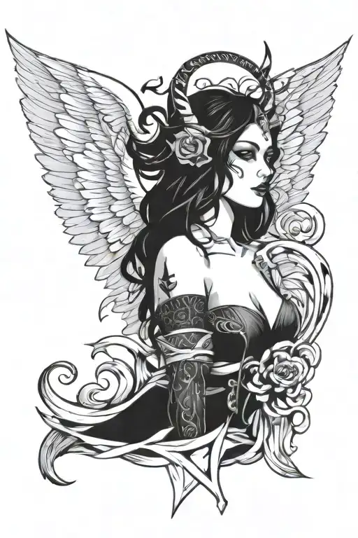 Angel Woman With Devil Horns And Tail Wrapped