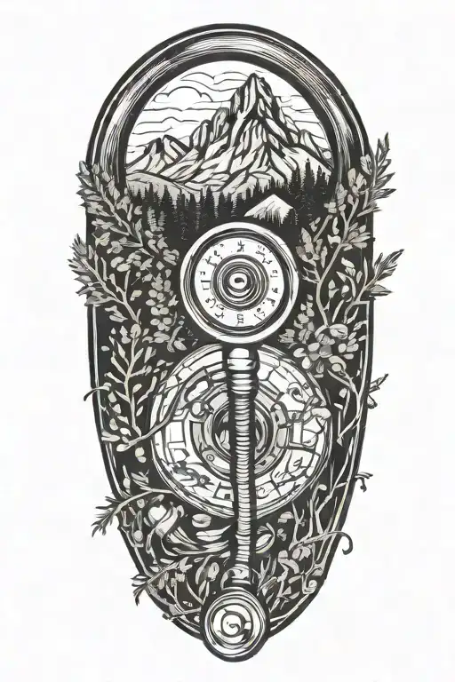 A Stylized Illustration Of A Doctor's Stethoscope Intertwined With Mountain Peaks And Pine Trees