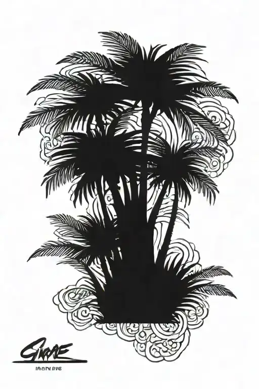 Simple Palm Tree Under That Is Thin Rose And Under That Is Something That Looks Like Greek God