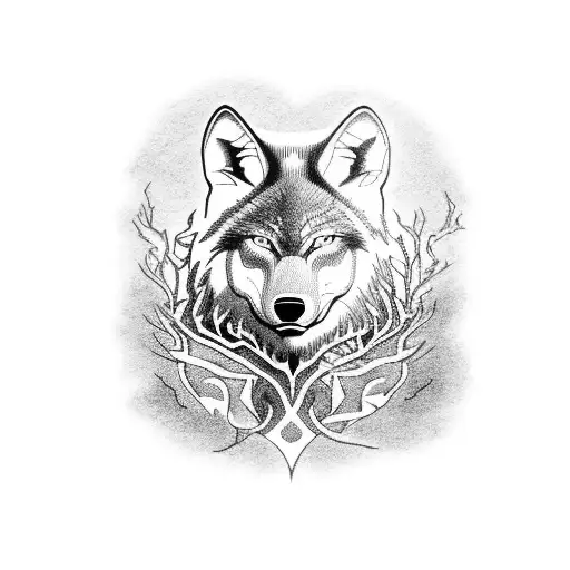 A Blackwork Tattoo Of A Fierce Wolf Surrounded By Eerie Forest Trees