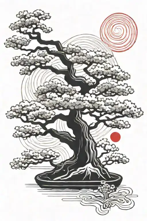 Bonsai Tree With Red Sun