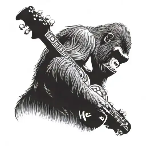Illustrate A Gorilla Jamming Out On A Guitar With Intricate Wood Grain Patterns As The Background