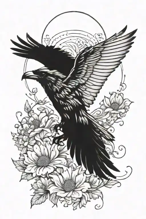 Flying Raven With Marigold And Cosmos Flowers