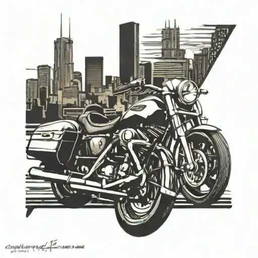Chicago Skyline With A Harley Davidson Motorcycle Riding Through The Streets