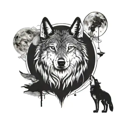 A Wolf Howling At The Moon Surrounded By Symbols Of Protection And Leadership