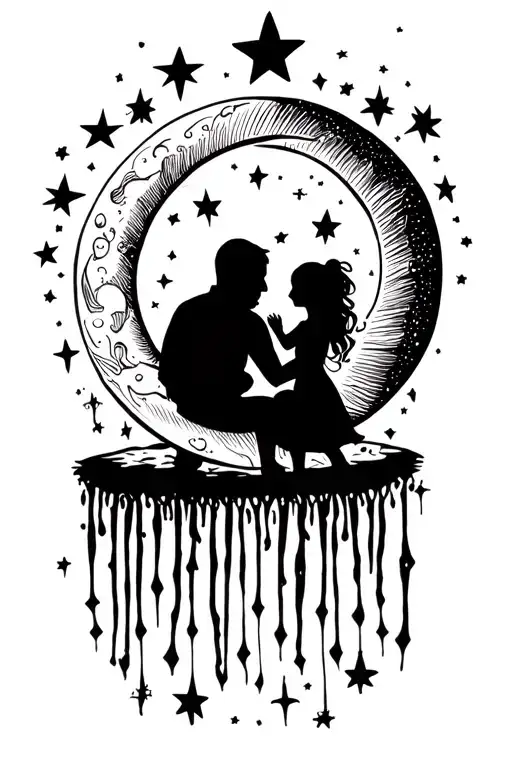 Grandad And Granddaughter Sitting On A Crescent Moon Silhouette Surrounded By Stars