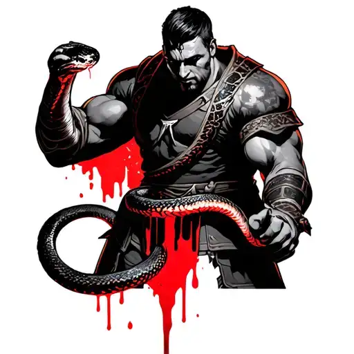 The Fighter In Full Equipment Holds In His Hand A Snake Torn With Which Blood Flows