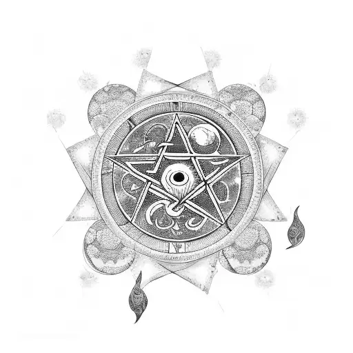 Pentacle With Moon Phases And Flowers