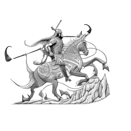 A Hunting Scene With Mythical Creatures In The Style Of Norse Tapestry