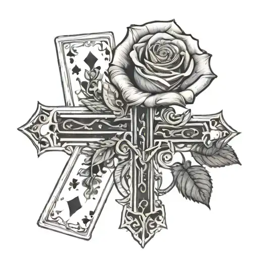 Rose Behind A Cross With Playing Cards