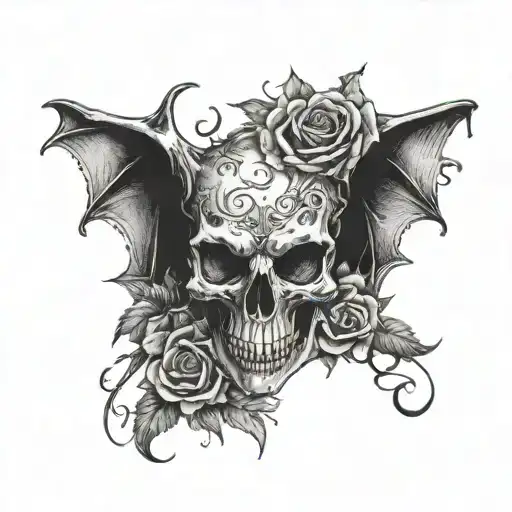Gothic Bat Skull Surrounded By Roses Wrapped