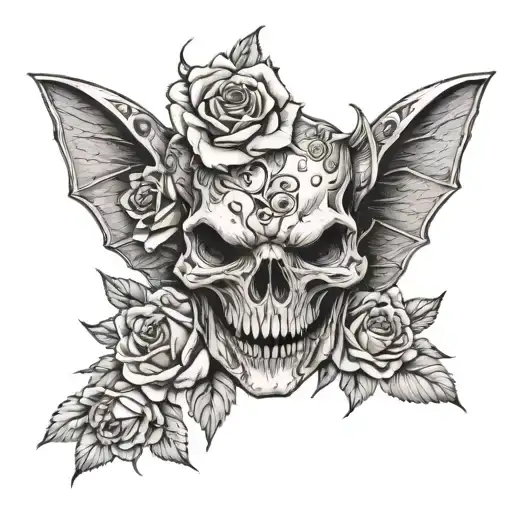 Vampire Bat Skull Surrounded By Roses Wrapped Round