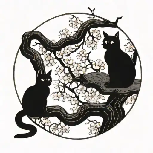 Two Cat Silhouettes In Cherry Blossom Tree Black