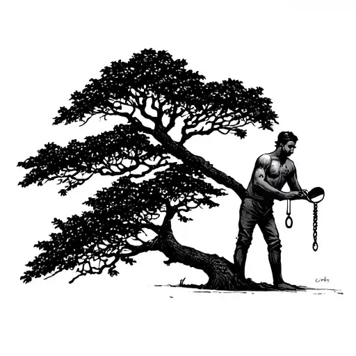 A Man Stood Watering A Simple Tree With A Noose Hanging From The Tree