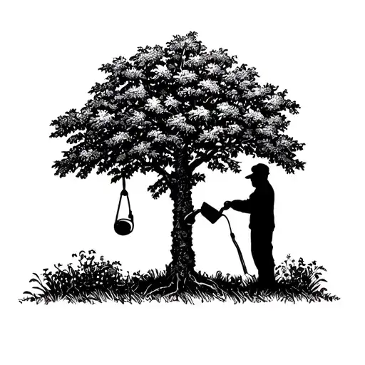 A Man Stood Watering A Simple Tree With A Watering Can With A Noose Hanging From The Tree