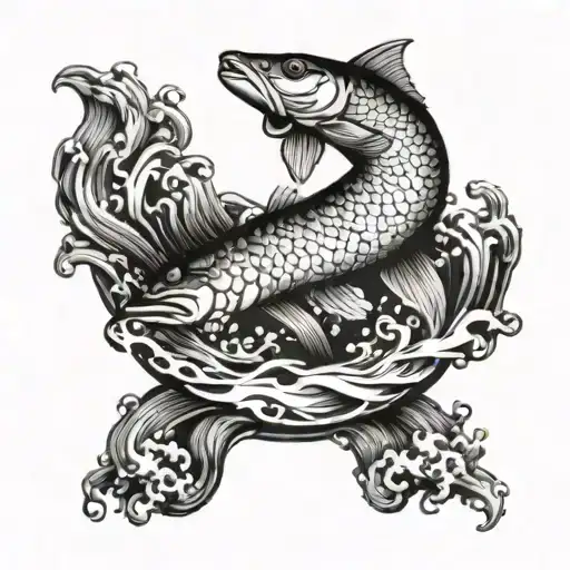 A Realistic Blackwork Tattoo Of A Pike Jumping Out Of The Water
