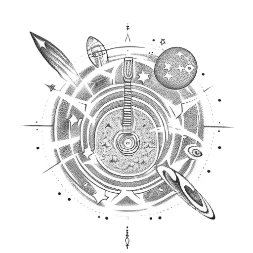 A Celestial Guitar Floating In Space Surrounded By Stars And Planets