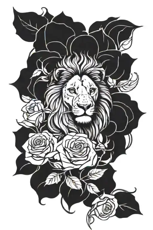 Confident Lion Surrounded By 3 Roses Blooming
