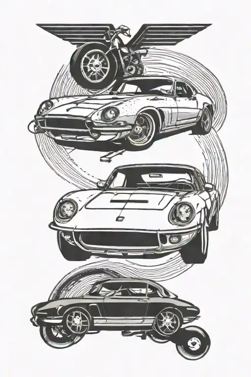 A Dotwork Tattoo Of A Sleek Sports Car With A Guitar Incorporated Into The Design