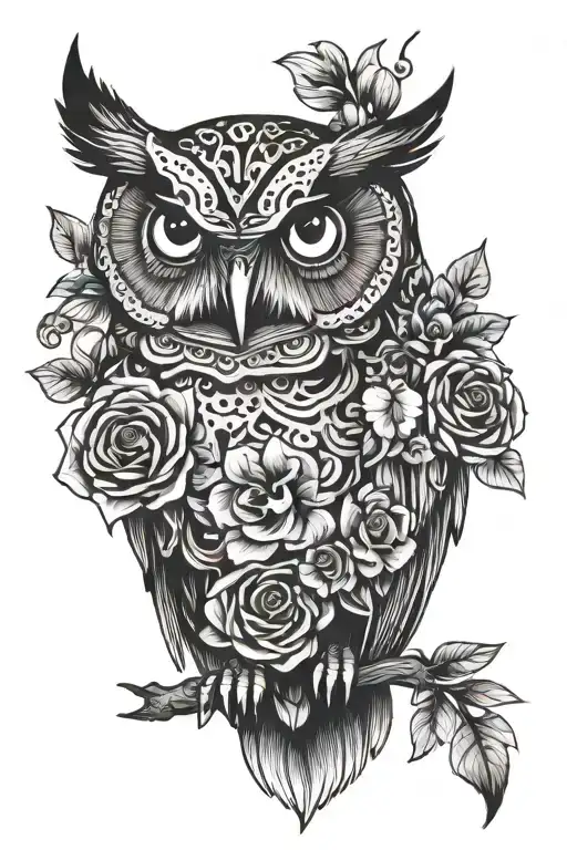 Owl With Skull And Flowers