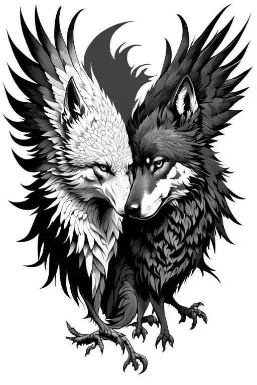 Phoenix And Wolf Facing Away From Each Other