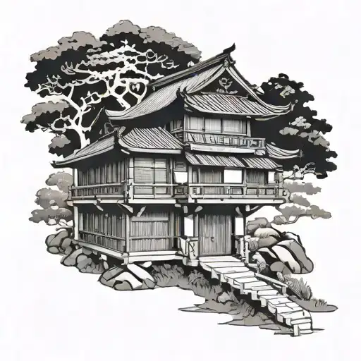 Traditional Japanese Style Samurai House From The Middle Ages In Lines