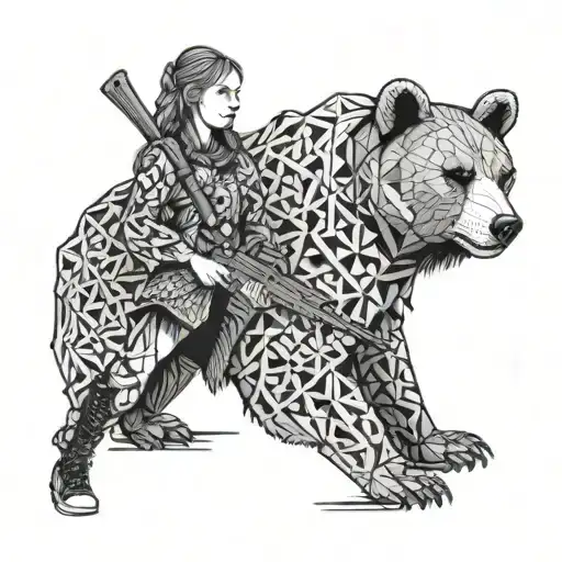 A Slavic Girl With A Bear And Ak-47 Rifle Forming A Unique Geometric Pattern