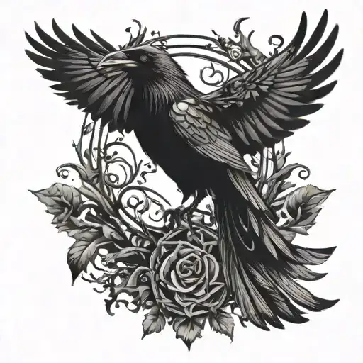 Raven With Wings Spread Surrounded By Thorn Crown