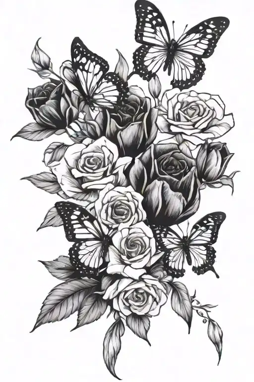 Roses And Tulips Black And Butterflies Surrounding