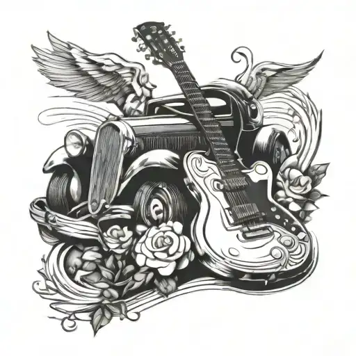 A Tattoo Design Combining A Guitar And A Vintage Car In A Rock Music Theme