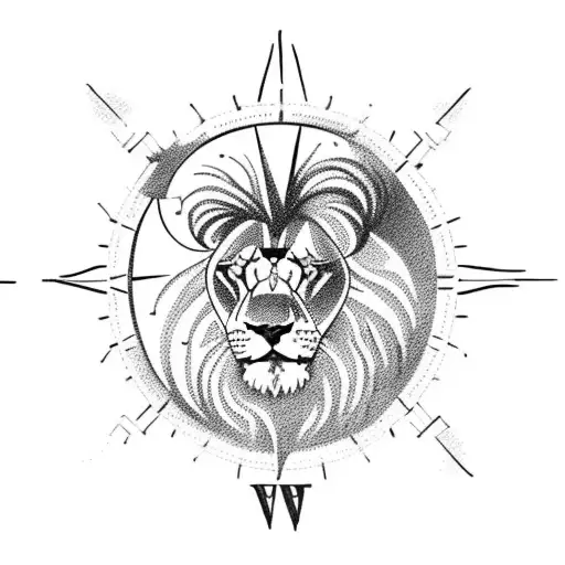 A Lion Standing On Top Of A Mountain With A Compass In Its Paw