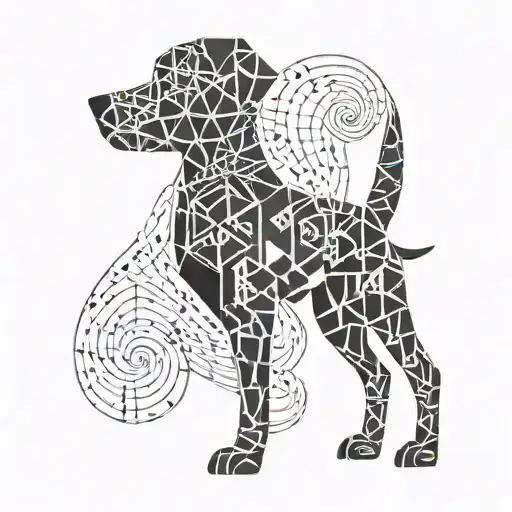 A Geometric Design Incorporating Musical Notes And A Stylized Dog Silhouette