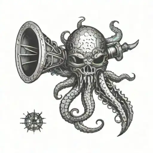 Kraken Holding Wooden Helm And Submarine