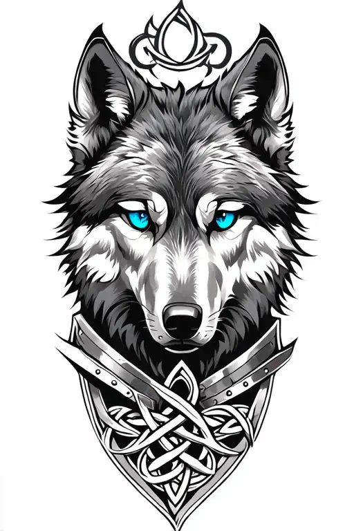 Wolf With Blue Eyes On Armor Tattoo Design Featuring Celtic Trinity Knot