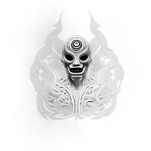 Torso Sculpture With A Black Mask Filled With Eyes