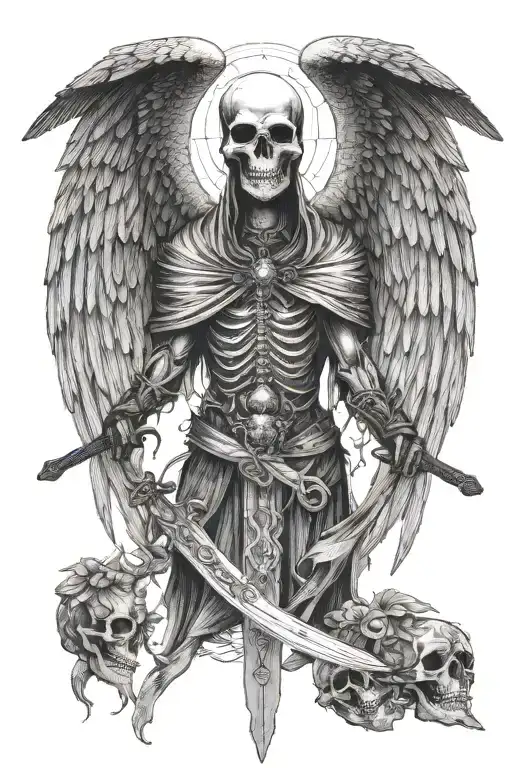 Angel Of Death With Wings And Skull With Sword Going