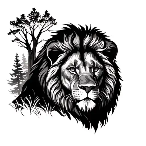 Lion In Forest Landscape