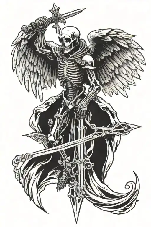 Angel Of Death Skeleton With Wings Holding A Sword