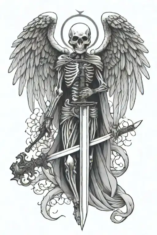 Angel Of Death Skeleton With Wings Holding A Sword