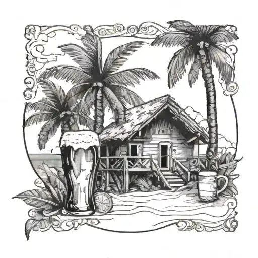 A Tropical Beach Landscape With A Cottage And A Beer Bottle In The Foreground