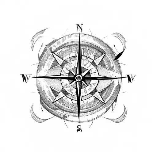 A Snake Coiled Around A Compass Pointing Towards Different Travel Destinations With Constellations Tattoo