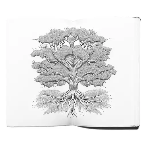 A Graceful Tree With Intricate Roots Growing Out Of An Open Book